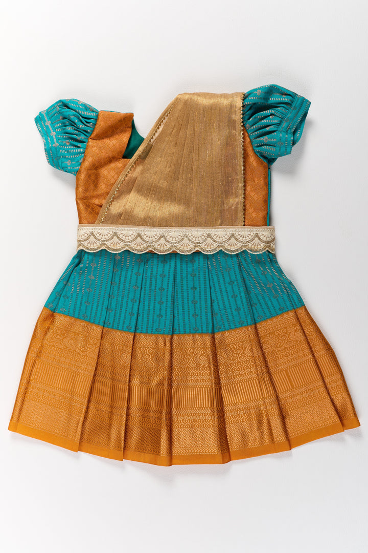 The Nesavu Girls Kanchi Silk Frock Traditional Green and Gold Pattu Pavadai for Girls with Intricate Zari Borders Nesavu 14 (6M) / Green / Style 1 SF820FA-14 Traditional Green Gold Pattu Pavadai Girls Zari Borders | The Nesavu