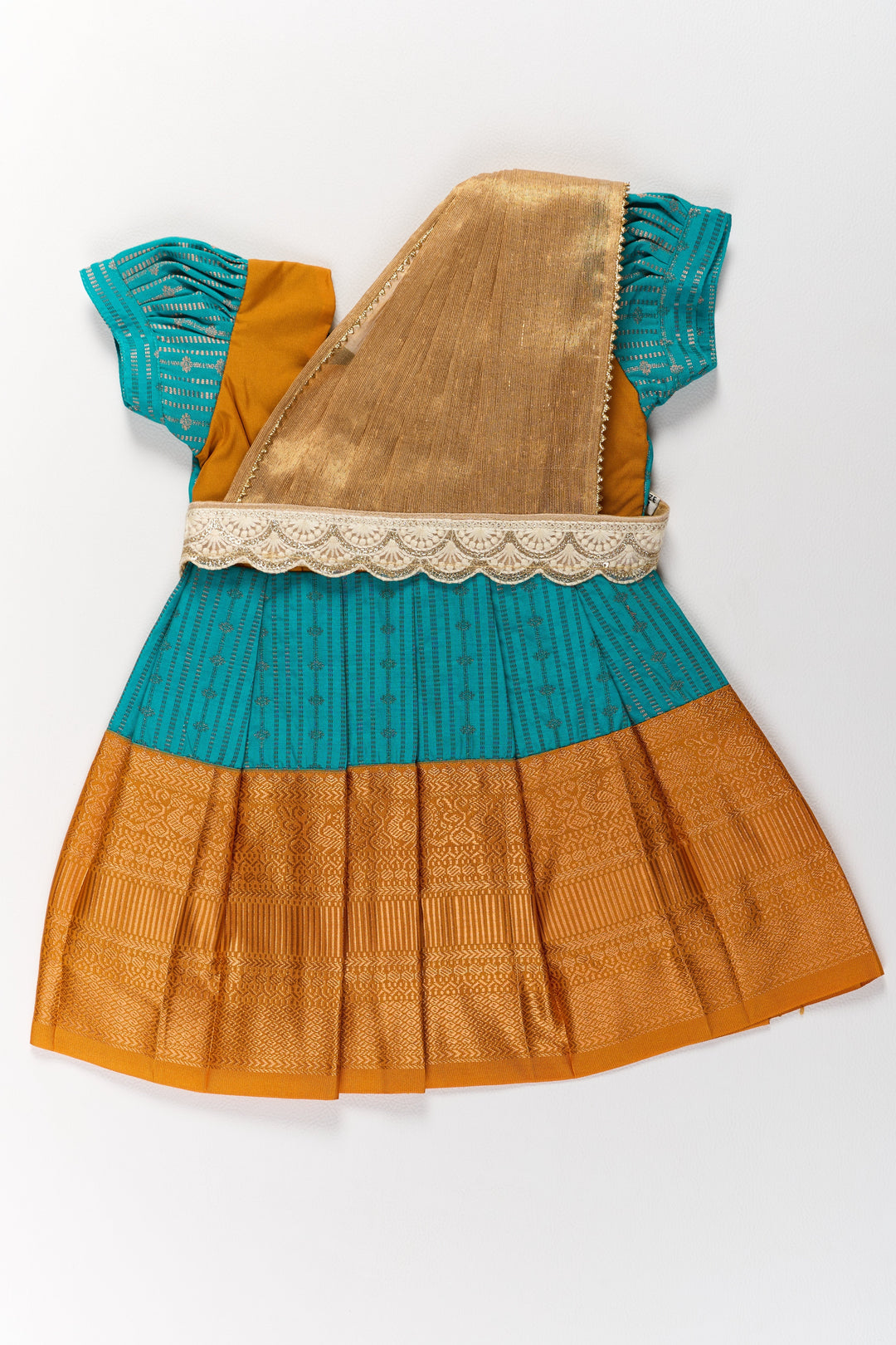 The Nesavu Girls Kanchi Silk Frock Traditional Green and Gold Pattu Pavadai for Girls with Intricate Zari Borders Nesavu 14 (6M) / Green / Style 3 SF820FC-14 Traditional Green Gold Pattu Pavadai Girls Zari Borders | The Nesavu