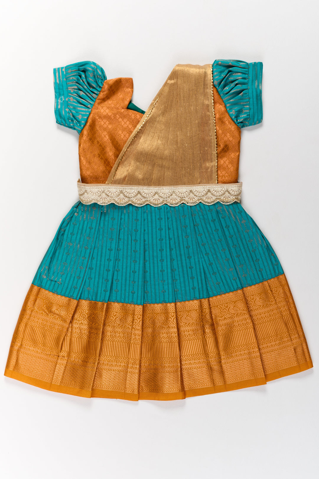 The Nesavu Girls Kanchi Silk Frock Traditional Green and Gold Pattu Pavadai for Girls with Intricate Zari Borders Nesavu 20 (3Y) / Green / Style 2 SF820FB-20 Traditional Green Gold Pattu Pavadai Girls Zari Borders | The Nesavu