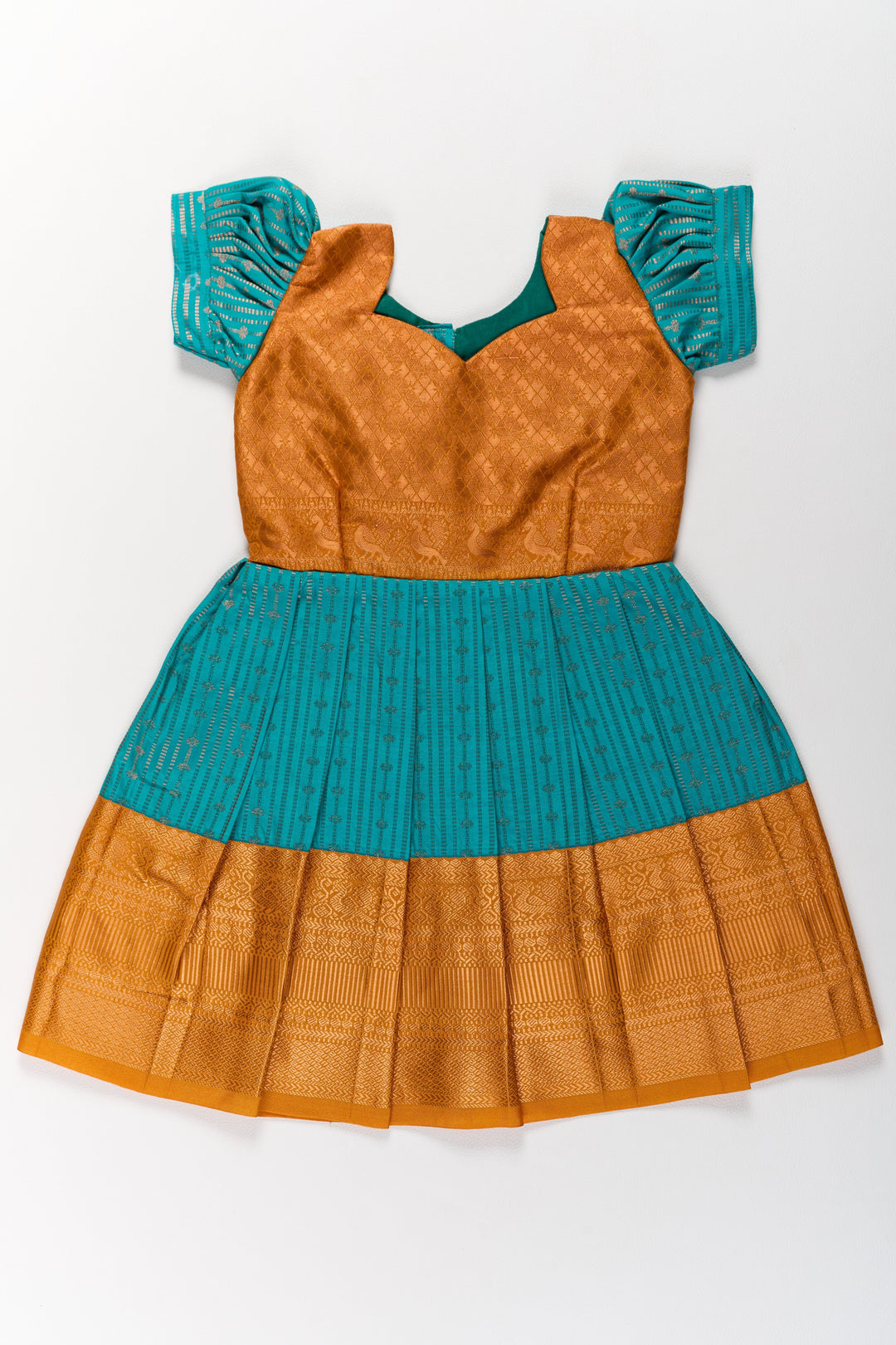 The Nesavu Girls Kanchi Silk Frock Traditional Green and Gold Pattu Pavadai for Girls with Intricate Zari Borders Nesavu Traditional Green Gold Pattu Pavadai Girls Zari Borders | The Nesavu