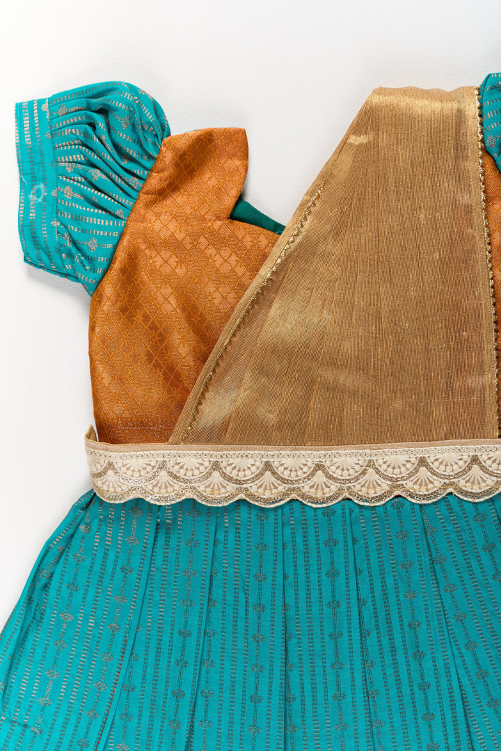 The Nesavu Girls Kanchi Silk Frock Traditional Green and Gold Pattu Pavadai for Girls with Intricate Zari Borders Nesavu Traditional Green Gold Pattu Pavadai Girls Zari Borders | The Nesavu