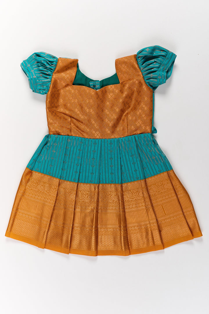 The Nesavu Girls Kanchi Silk Frock Traditional Green and Gold Pattu Pavadai for Girls with Intricate Zari Borders Nesavu Traditional Green Gold Pattu Pavadai Girls Zari Borders | The Nesavu