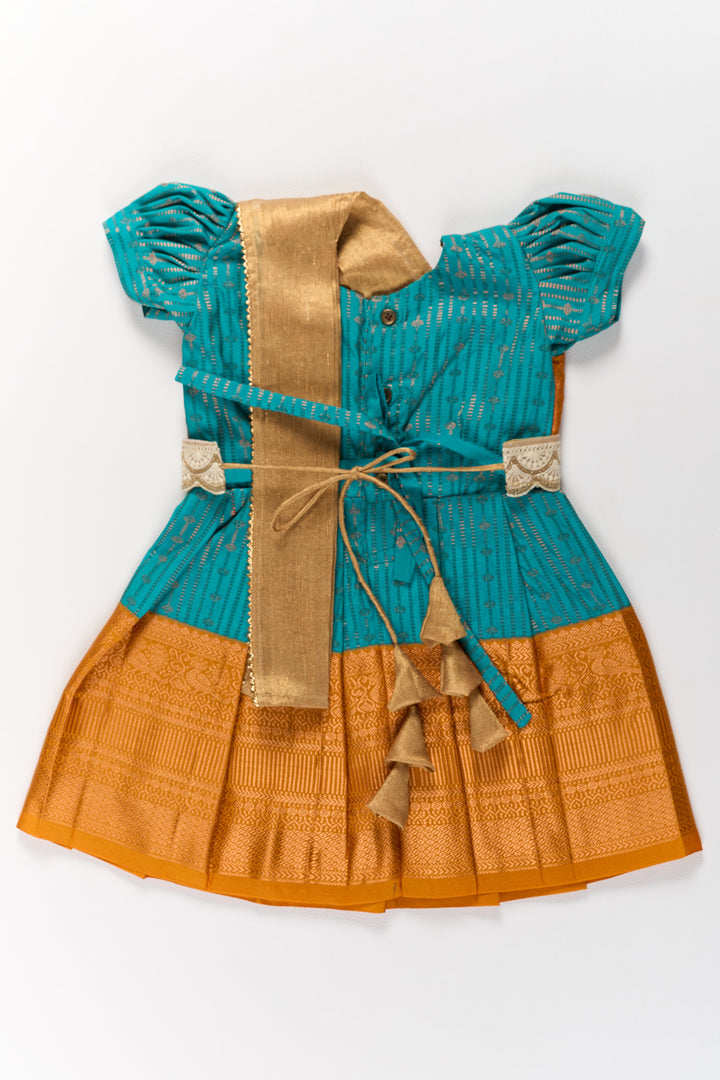 The Nesavu Girls Kanchi Silk Frock Traditional Green and Gold Pattu Pavadai for Girls with Intricate Zari Borders Nesavu Traditional Green Gold Pattu Pavadai Girls Zari Borders | The Nesavu