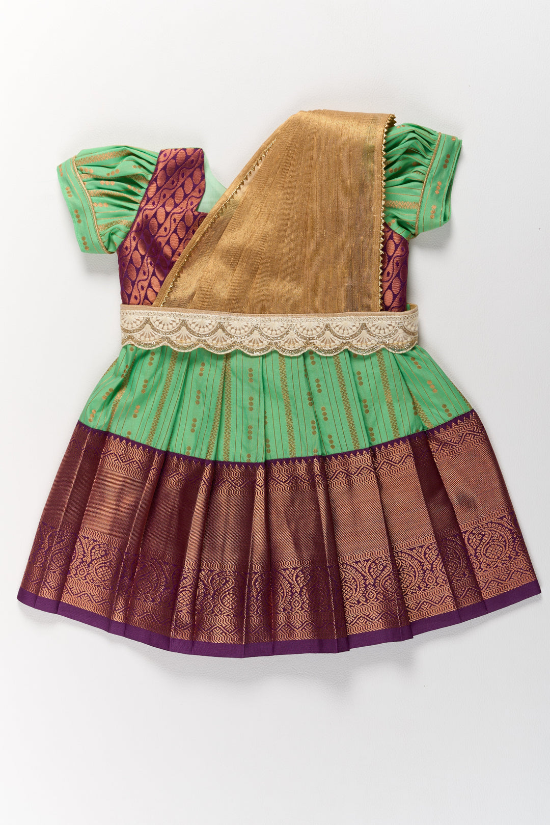 The Nesavu Girls Kanchi Silk Frock Traditional Green and Maroon Pattu Pavadai for Girls with Golden Zari Borders Nesavu 14 (6M) / Green / Style 1 SF828BA-14 Traditional Green Maroon Pattu Pavadai Girls Golden Zari Borders | The Nesavu