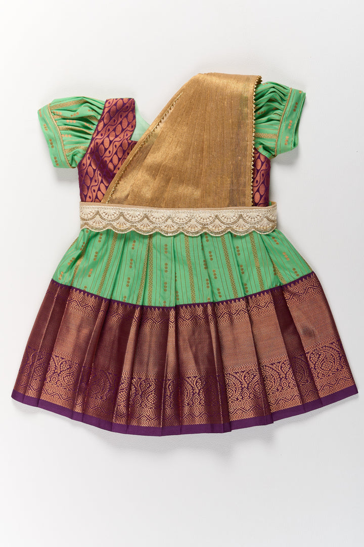 The Nesavu Girls Kanchi Silk Frock Traditional Green and Maroon Pattu Pavadai for Girls with Golden Zari Borders Nesavu 14 (6M) / Green / Style 1 SF828BA-14 Traditional Green Maroon Pattu Pavadai Girls Golden Zari Borders | The Nesavu