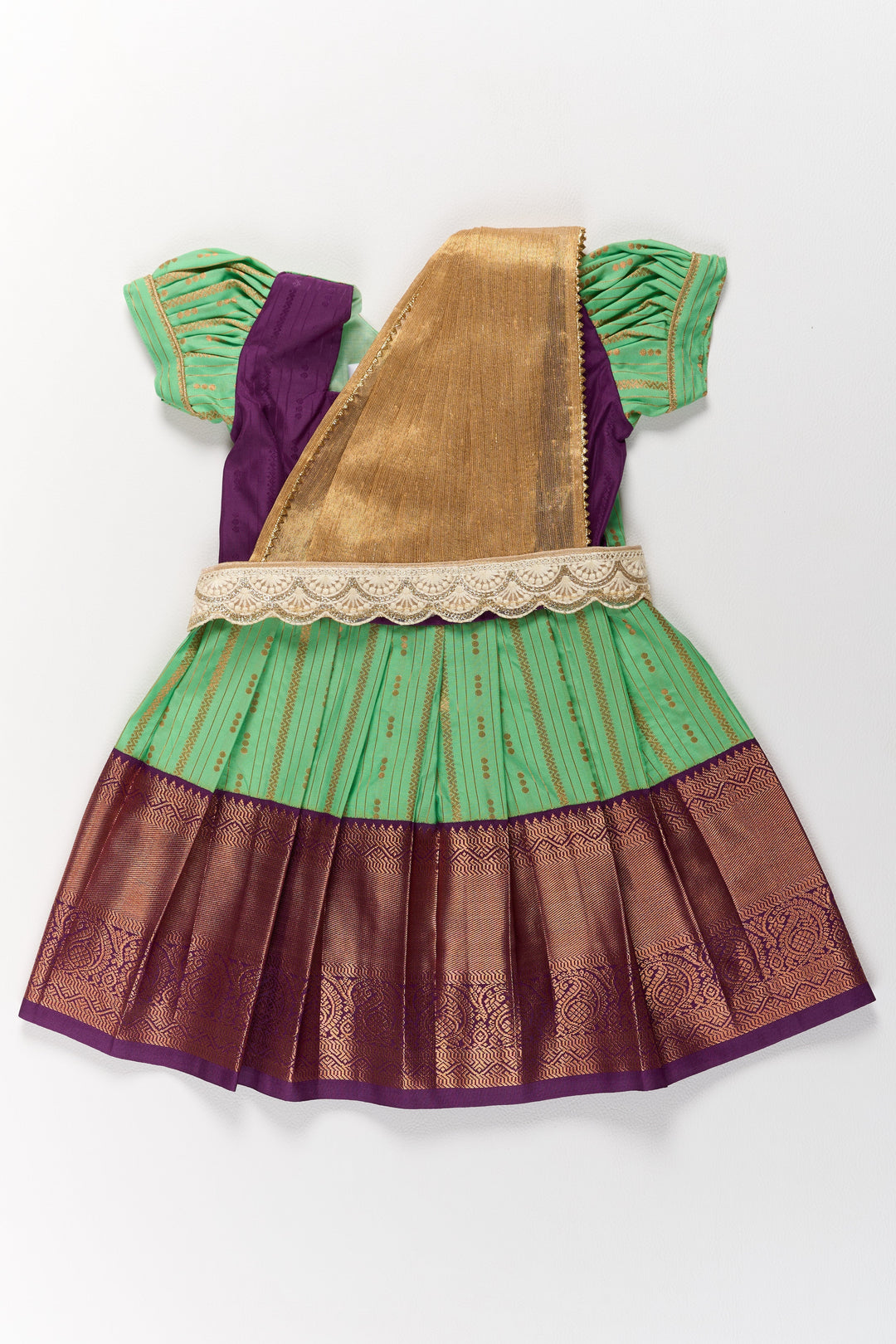 The Nesavu Girls Kanchi Silk Frock Traditional Green and Maroon Pattu Pavadai for Girls with Golden Zari Borders Nesavu 16 (1Y) / Green / Style 3 SF828BC-16 Traditional Green Maroon Pattu Pavadai Girls Golden Zari Borders | The Nesavu