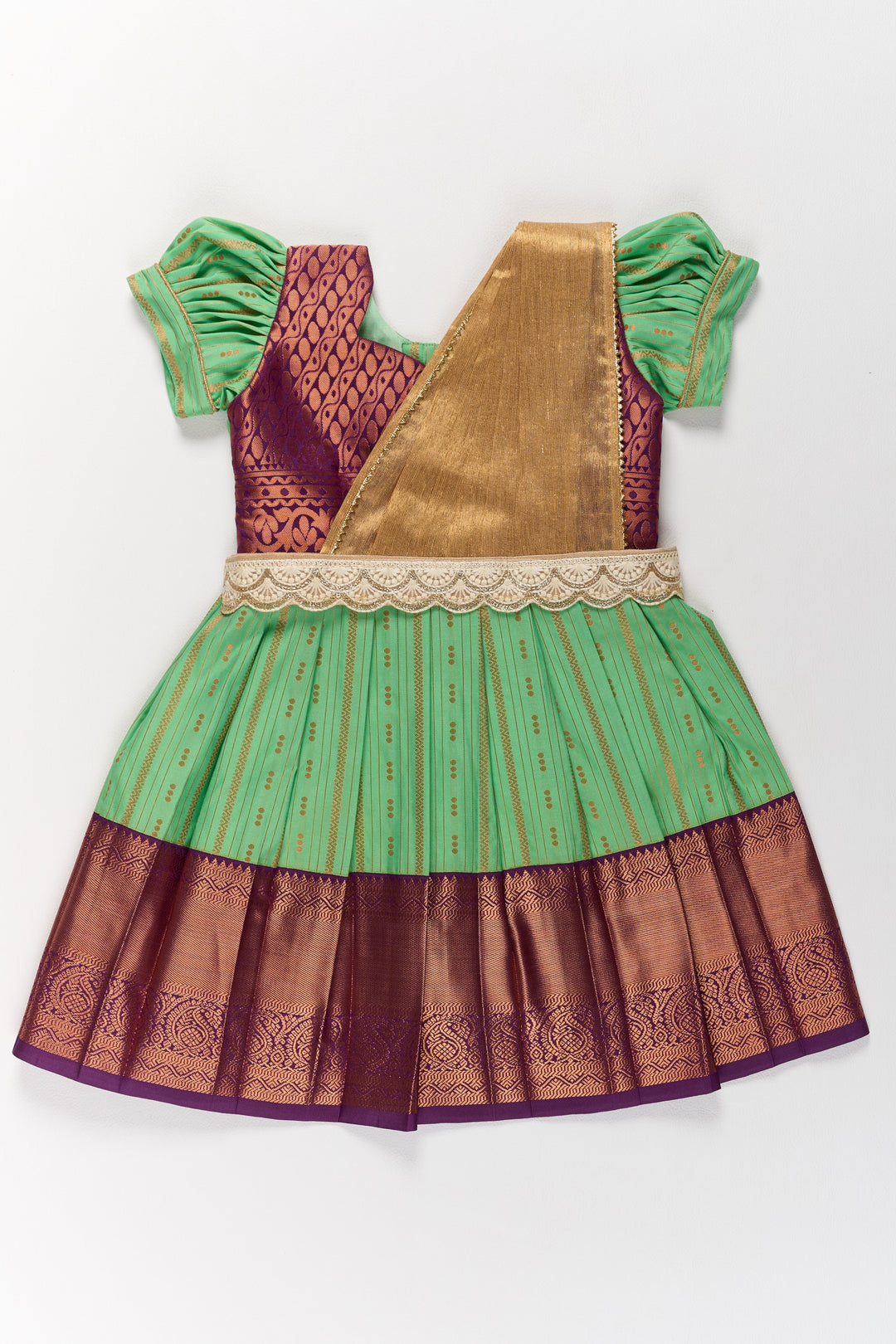 The Nesavu Girls Kanchi Silk Frock Traditional Green and Maroon Pattu Pavadai for Girls with Golden Zari Borders Nesavu 20 (3Y) / Green / Style 2 SF828BB-20 Traditional Green Maroon Pattu Pavadai Girls Golden Zari Borders | The Nesavu