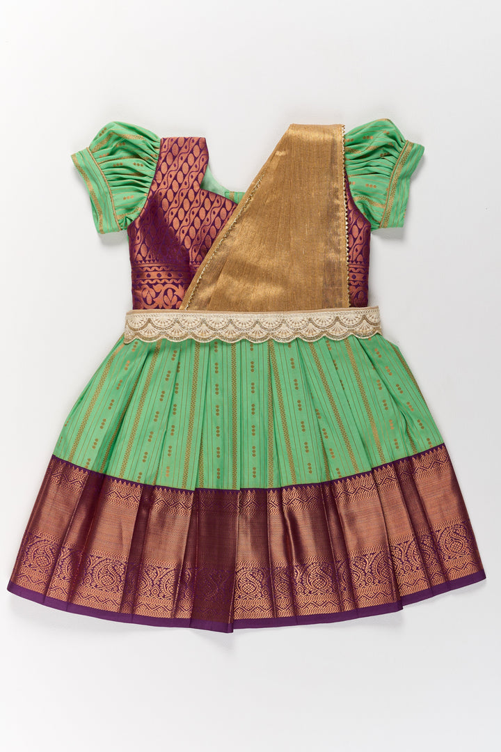 The Nesavu Girls Kanchi Silk Frock Traditional Green and Maroon Pattu Pavadai for Girls with Golden Zari Borders Nesavu 20 (3Y) / Green / Style 2 SF828BB-20 Traditional Green Maroon Pattu Pavadai Girls Golden Zari Borders | The Nesavu