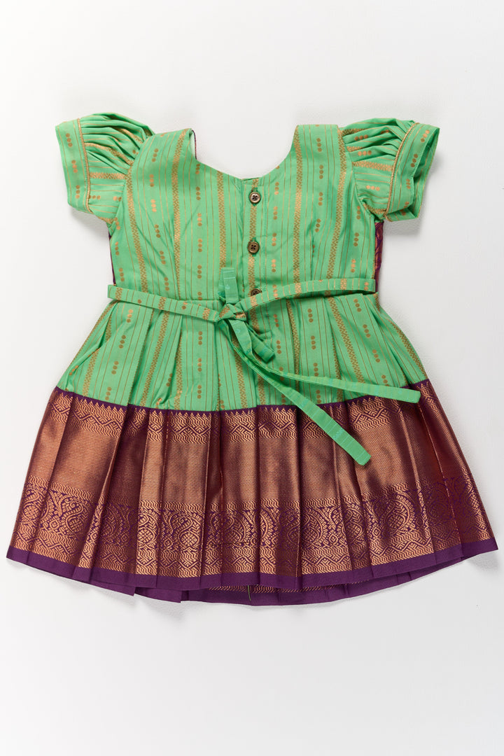 The Nesavu Girls Kanchi Silk Frock Traditional Green and Maroon Pattu Pavadai for Girls with Golden Zari Borders Nesavu Traditional Green Maroon Pattu Pavadai Girls Golden Zari Borders | The Nesavu