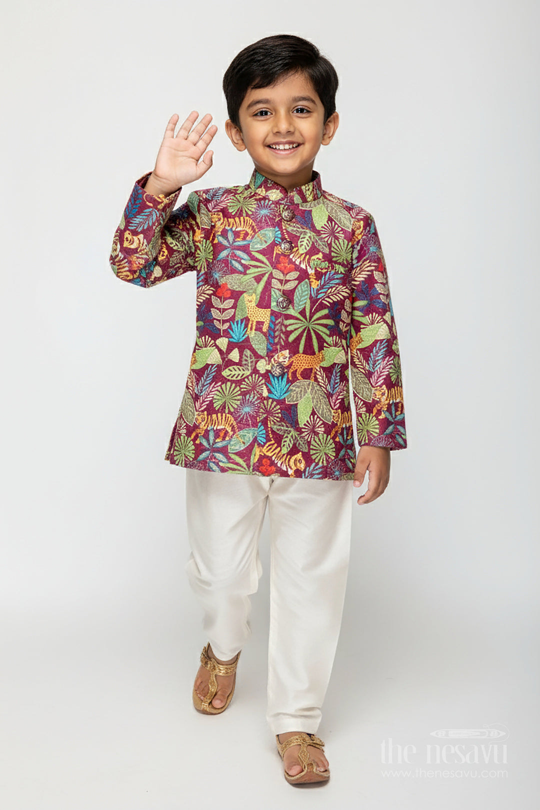 The Nesavu Boys Dothi Set Traditional Kurta and Dhoti Set for Toddler Boys Festive Wear Nesavu 12 (3M) / Multicolor BES802B-12 Nesavu boys digital printed kurta dhoti set traditional birthdays festive functions