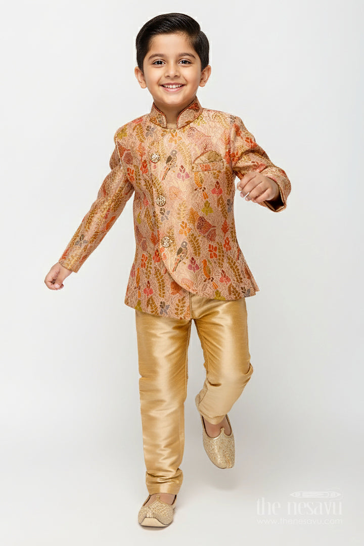 The Nesavu Boys Dothi Set Traditional Kurta Pajama Set for Boys with Bird and Floral Digital Print Nesavu 12 (3M) / Gold BES809A-12 Nesavu boys printed silk kurta pajama set birds floral design festive ethnic wear