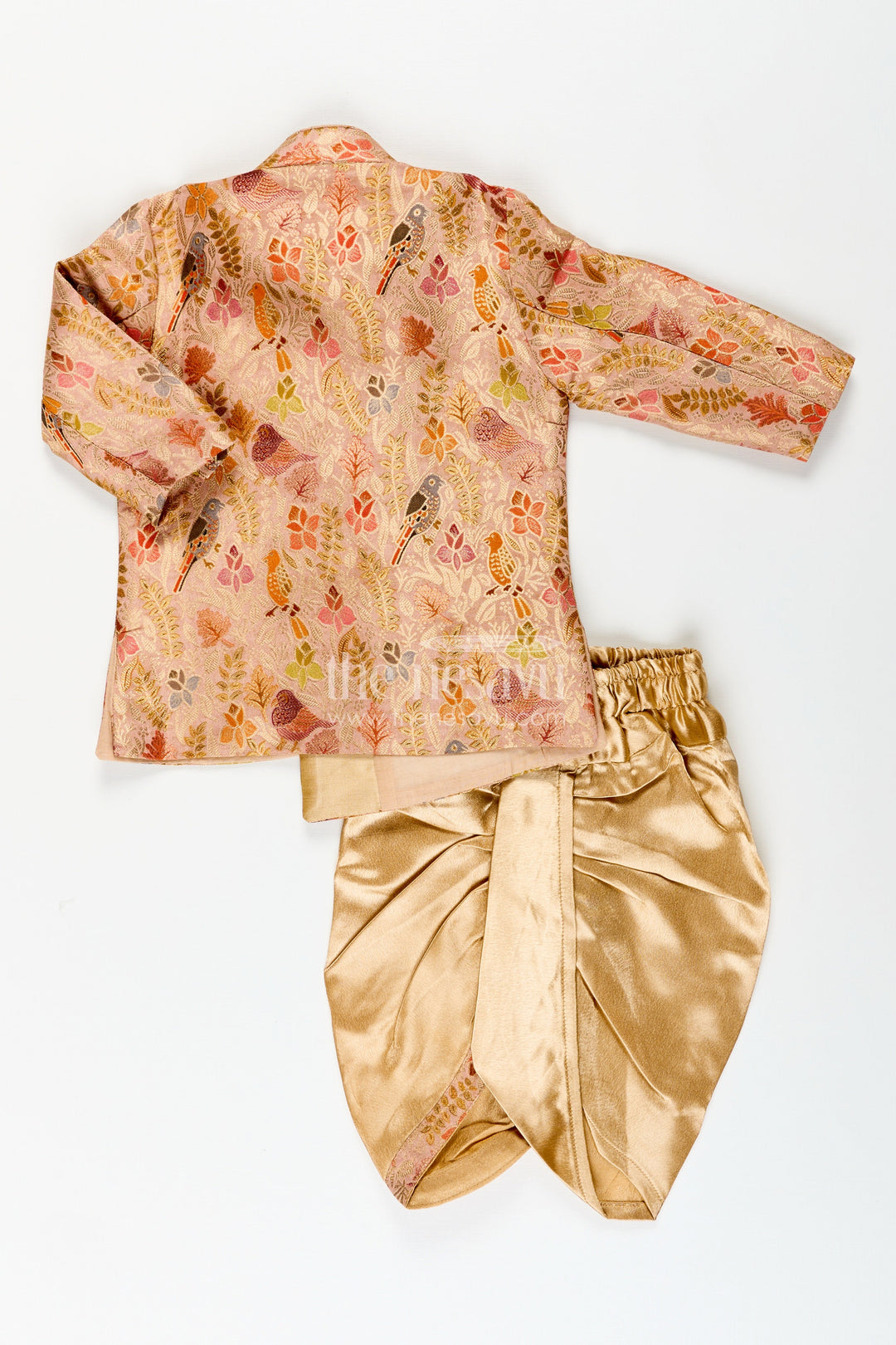 The Nesavu Boys Dothi Set Traditional kurta pajama set for boys with bird and floral digital print Nesavu Nesavu boys printed silk kurta pajama set birds floral design festive ethnic wear