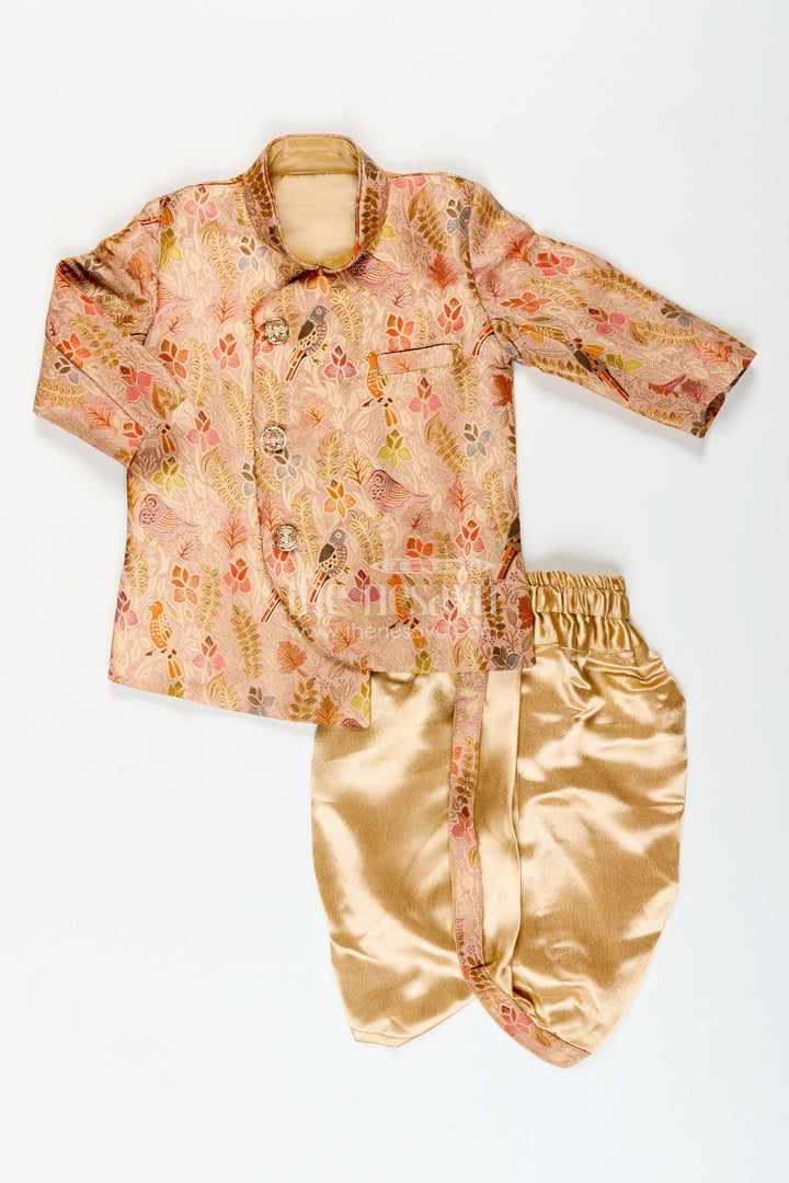 The Nesavu Boys Dothi Set Traditional kurta pajama set for boys with bird and floral digital print Nesavu Nesavu boys printed silk kurta pajama set birds floral design festive ethnic wear