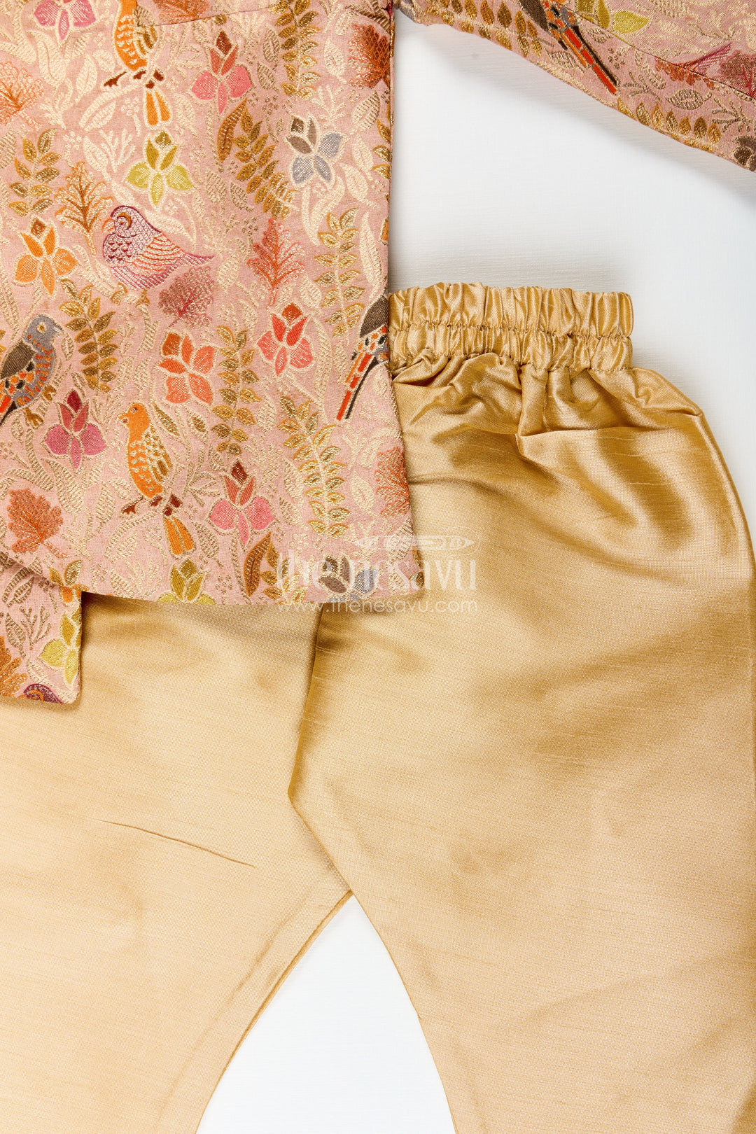The Nesavu Boys Dothi Set Traditional kurta pajama set for boys with bird and floral digital print Nesavu Nesavu boys printed silk kurta pajama set birds floral design festive ethnic wear