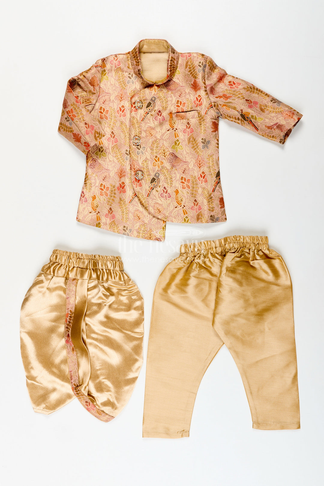 The Nesavu Boys Dothi Set Traditional kurta pajama set for boys with bird and floral digital print Nesavu Nesavu boys printed silk kurta pajama set birds floral design festive ethnic wear
