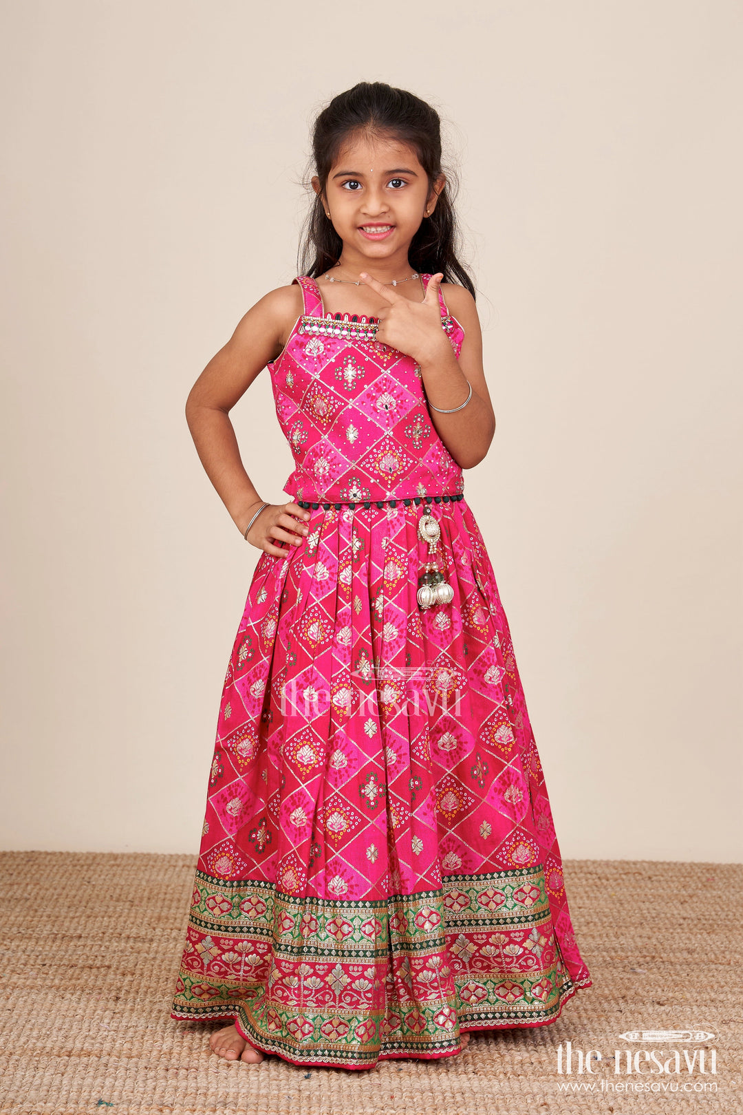 The Nesavu Girls Lehenga Choli Traditional Lehenga Choli for Toddler Girls for Weddings and Festive Celebrations Nesavu Nesavu jacquard silk lehenga choli toddler girls big border  ideal weddings Diwali parties
