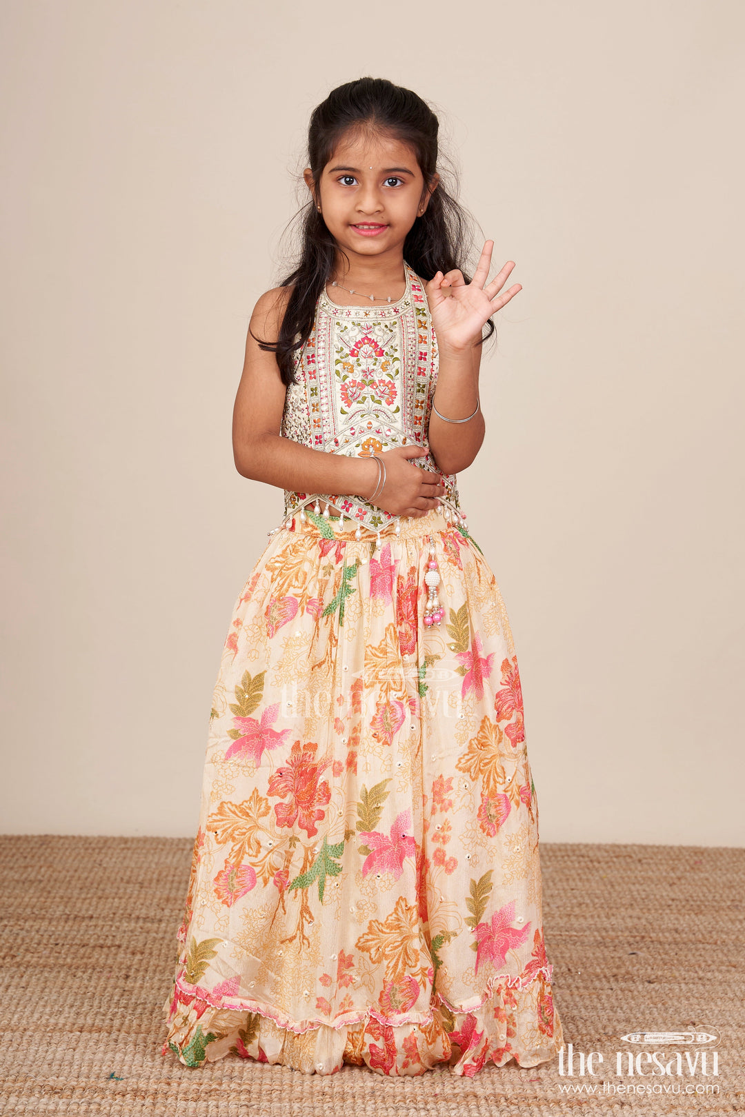 The Nesavu Girls Lehenga Choli Traditional Lehenga Set for Toddler Girl for Weddings and Navratri Nesavu 16 (1Y) / Cream GL822A-16 Nesavu toddler girl lehenga choli halter blouse floral print Navratri functions