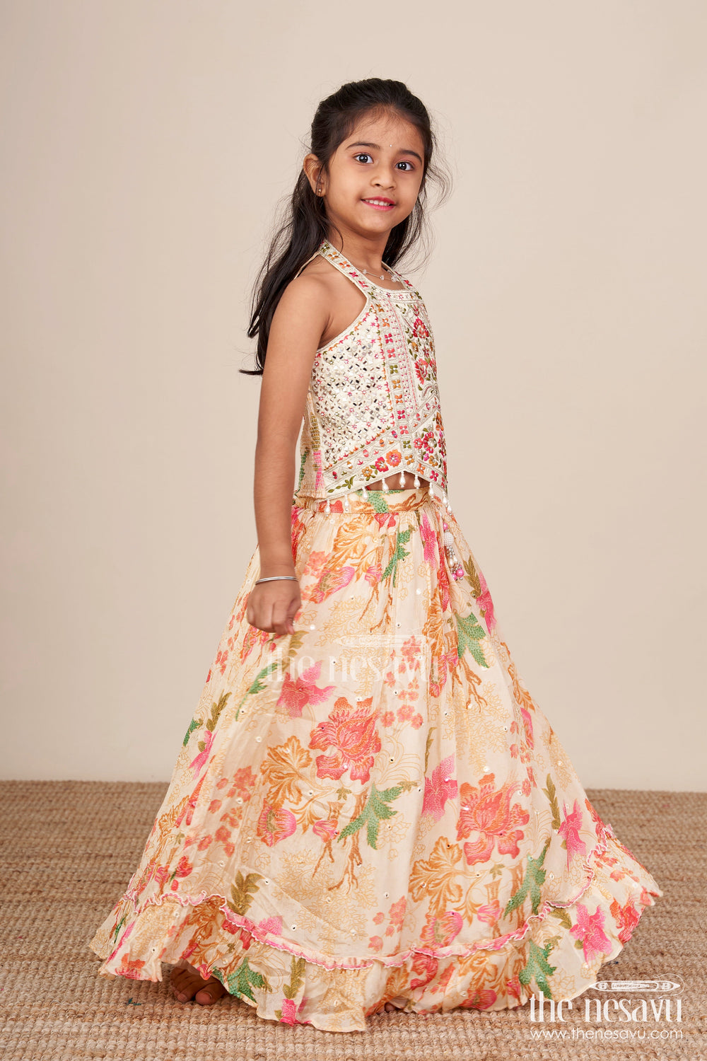 The Nesavu Girls Lehenga Choli Traditional Lehenga Set for Toddler Girl for Weddings and Navratri Nesavu Nesavu toddler girl lehenga choli halter blouse floral print Navratri functions