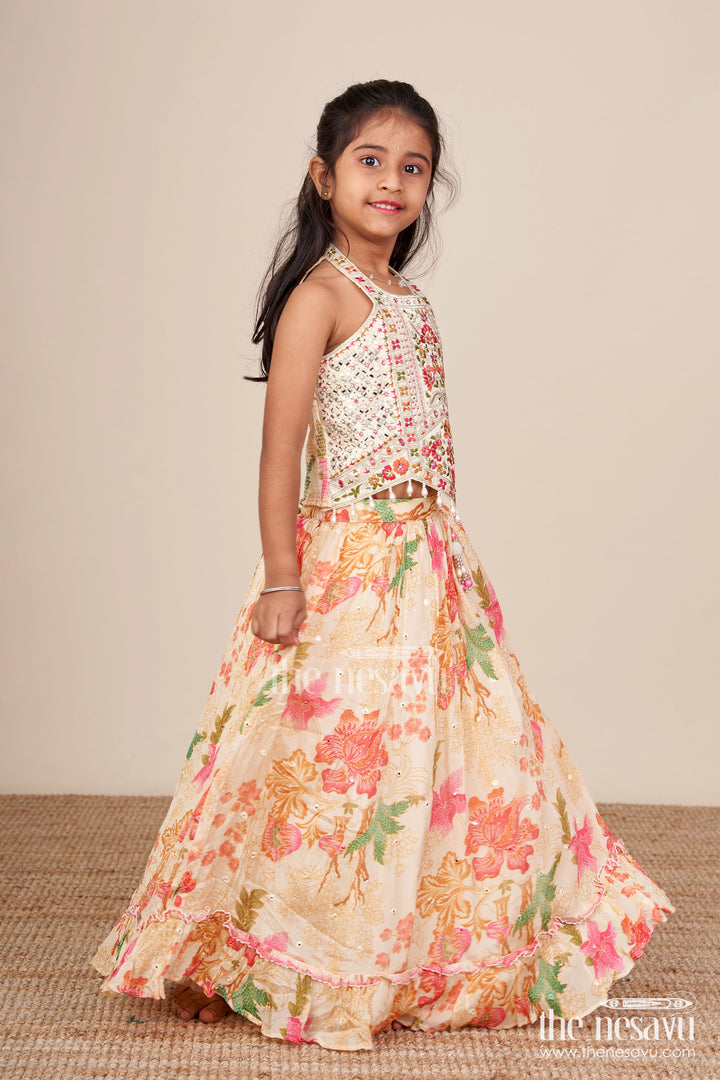 The Nesavu Girls Lehenga Choli Traditional Lehenga Set for Toddler Girl for Weddings and Navratri Nesavu Nesavu toddler girl lehenga choli halter blouse floral print Navratri functions