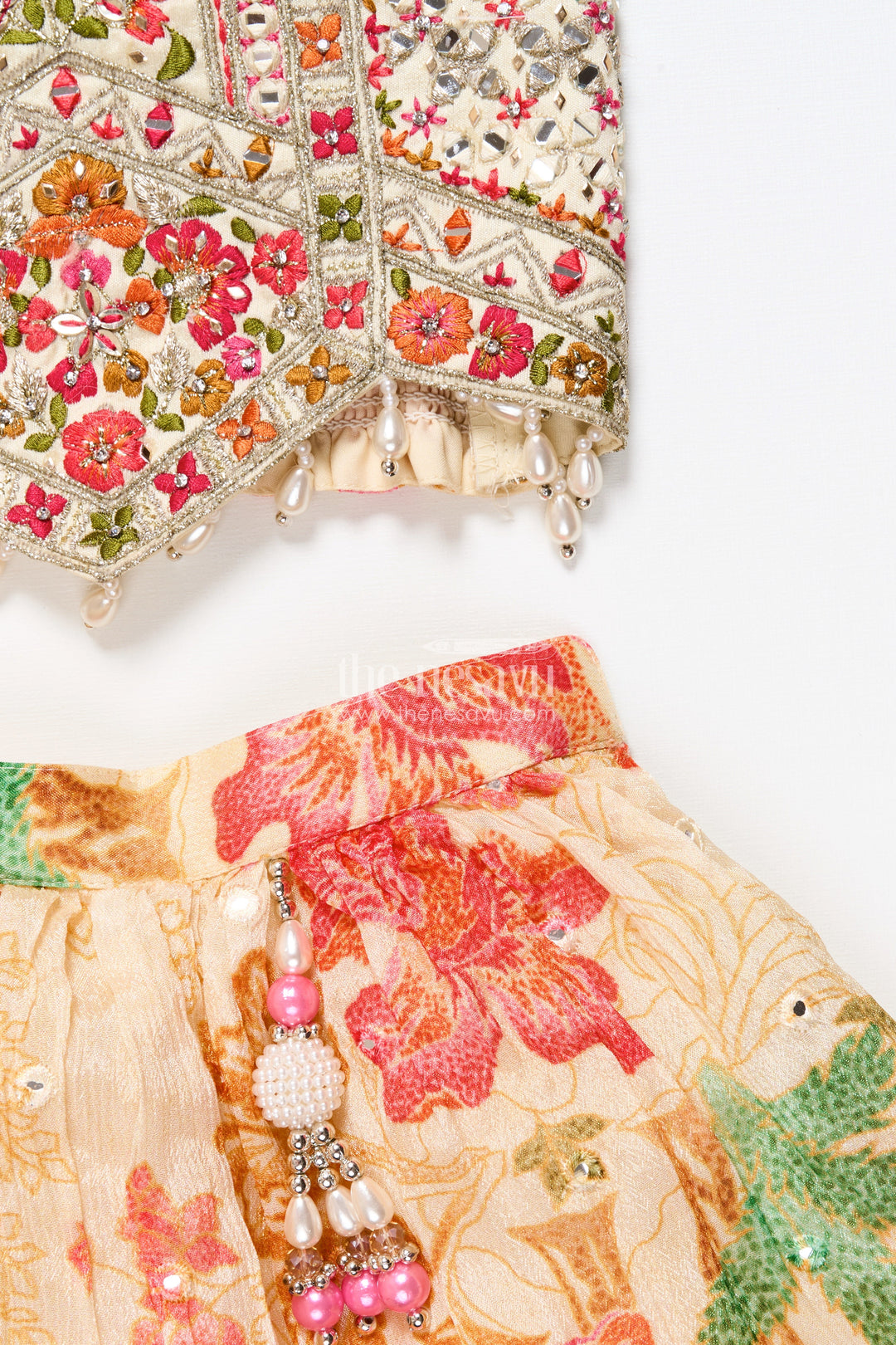 The Nesavu Girls Lehenga Choli Traditional Lehenga Set for Toddler Girl for Weddings and Navratri Nesavu Nesavu toddler girl lehenga choli halter blouse floral print Navratri functions