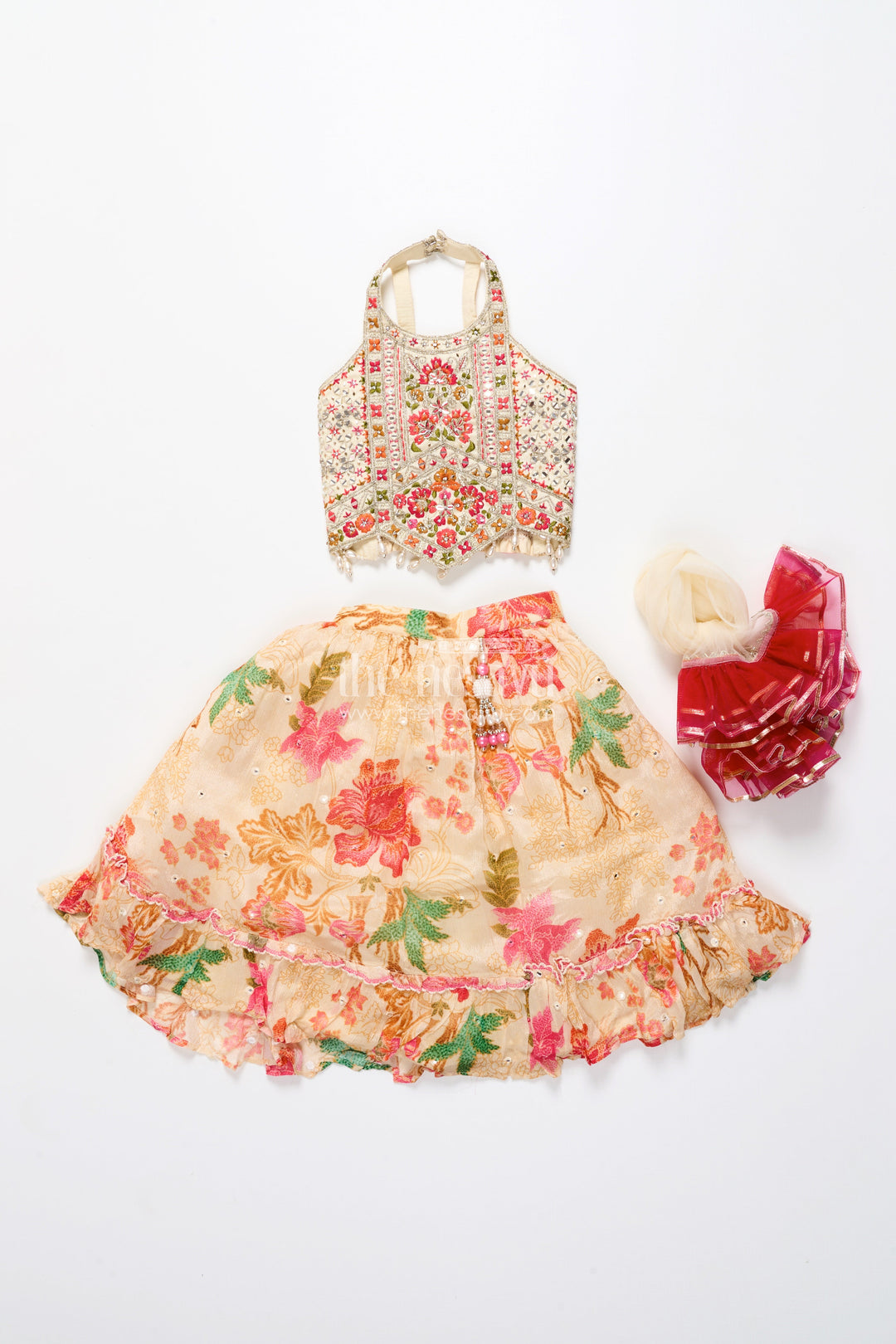 The Nesavu Girls Lehenga Choli Traditional Lehenga Set for Toddler Girl for Weddings and Navratri Nesavu Nesavu toddler girl lehenga choli halter blouse floral print Navratri functions