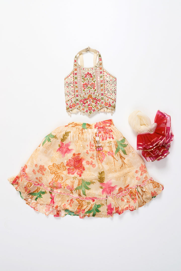 The Nesavu Girls Lehenga Choli Traditional Lehenga Set for Toddler Girl for Weddings and Navratri Nesavu Nesavu toddler girl lehenga choli halter blouse floral print Navratri functions