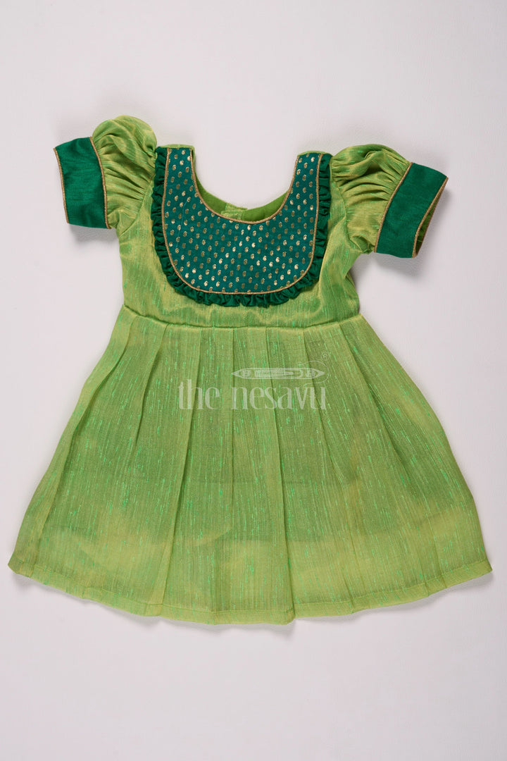 The Nesavu Silk Frock Traditional Light Green and Navy Pattu Long Frocks Designs for Girls in Silver Tissue Nesavu 14 (6M) / Green SF759H-14 Nesavus Light Green Navy Pattu Long Frocks Designs Girls Silver Tissue Details