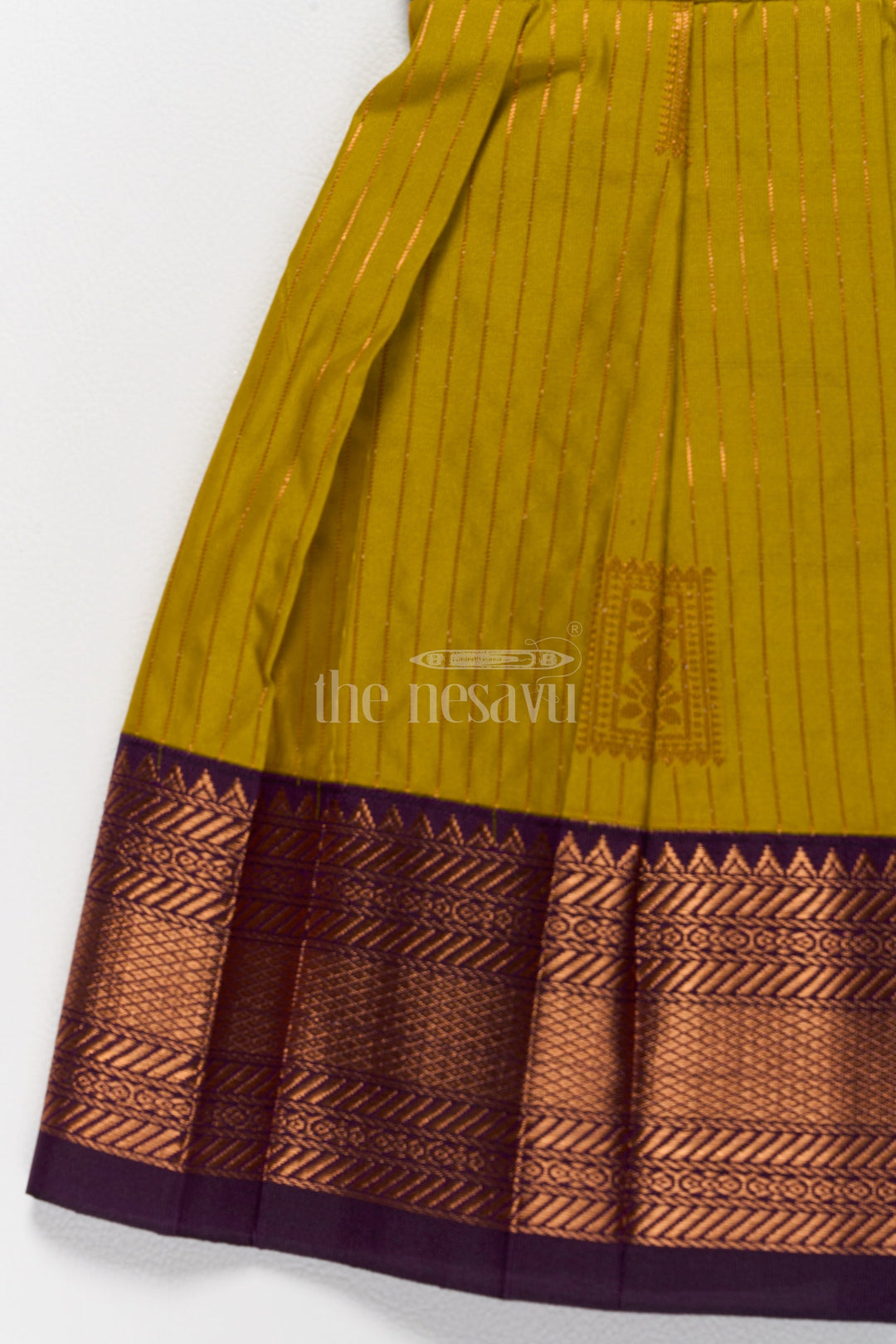 The Nesavu Girls Kanchi Silk Frock Traditional Long Pattu Frock for Girls with Contrasting Zari Details and Puff Sleeves Nesavu Nesavu Long Pattu Frock Girls Zari Pleats Adjustable Bow Closure