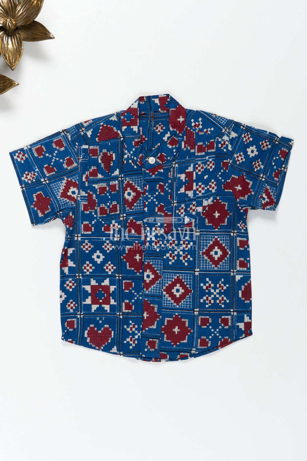 The Nesavu Boys Cotton Shirt Traditional Motif Shirt for Boys in Blue Cotton Ethnic Day Outfit Idea Nesavu 16 (1Y) / Blue BS277A-16 Nesavu Boys Ethnic Day Cotton Shirt Blue Traditional Motifs Heritage Inspired Geometric Design