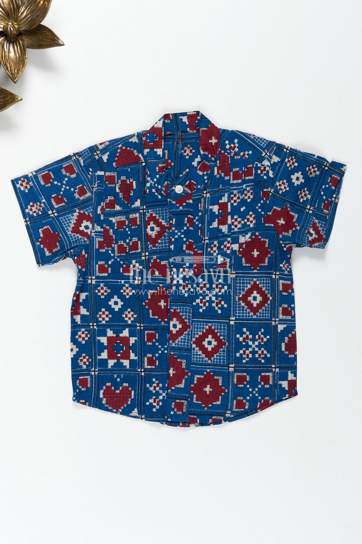 The Nesavu Boys Cotton Shirt Traditional Motif Shirt for Boys in Blue Cotton Ethnic Day Outfit Idea Nesavu 16 (1Y) / Blue BS277A-16 Nesavu Boys Ethnic Day Cotton Shirt Blue Traditional Motifs Heritage Inspired Geometric Design