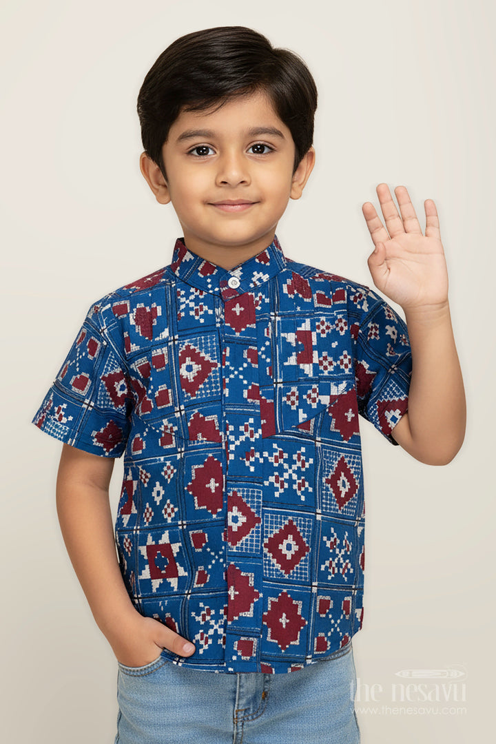 The Nesavu Boys Cotton Shirt Traditional Motif Shirt for Boys in Blue Cotton Ethnic Day Outfit Idea Nesavu 16 (1Y) / Blue BS277A-16 Nesavu Boys Ethnic Day Cotton Shirt Blue Traditional Motifs Heritage Inspired Geometric Design