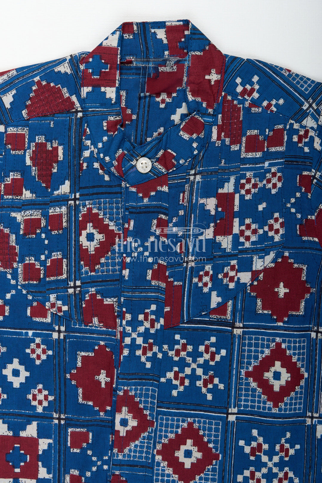 The Nesavu Boys Cotton Shirt Traditional Motif Shirt for Boys in Blue Cotton Ethnic Day Outfit Idea Nesavu Nesavu Boys Ethnic Day Cotton Shirt Blue Traditional Motifs Heritage Inspired Geometric Design