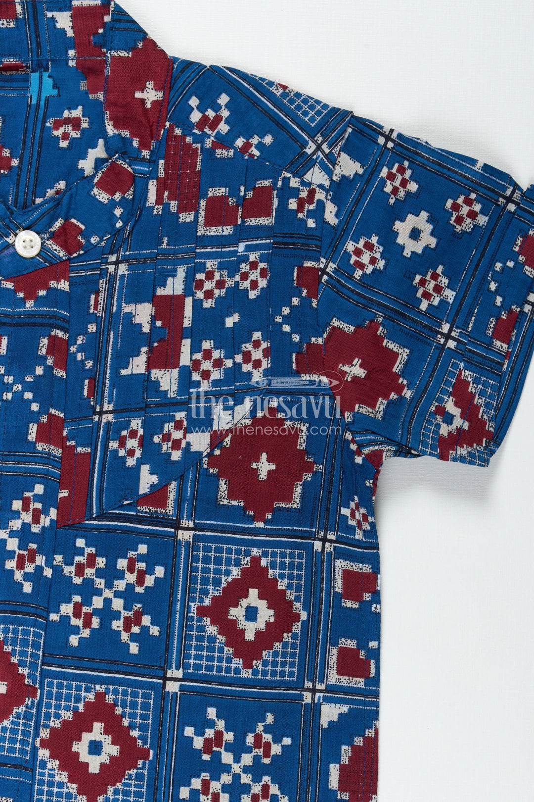 The Nesavu Boys Cotton Shirt Traditional Motif Shirt for Boys in Blue Cotton Ethnic Day Outfit Idea Nesavu Nesavu Boys Ethnic Day Cotton Shirt Blue Traditional Motifs Heritage Inspired Geometric Design