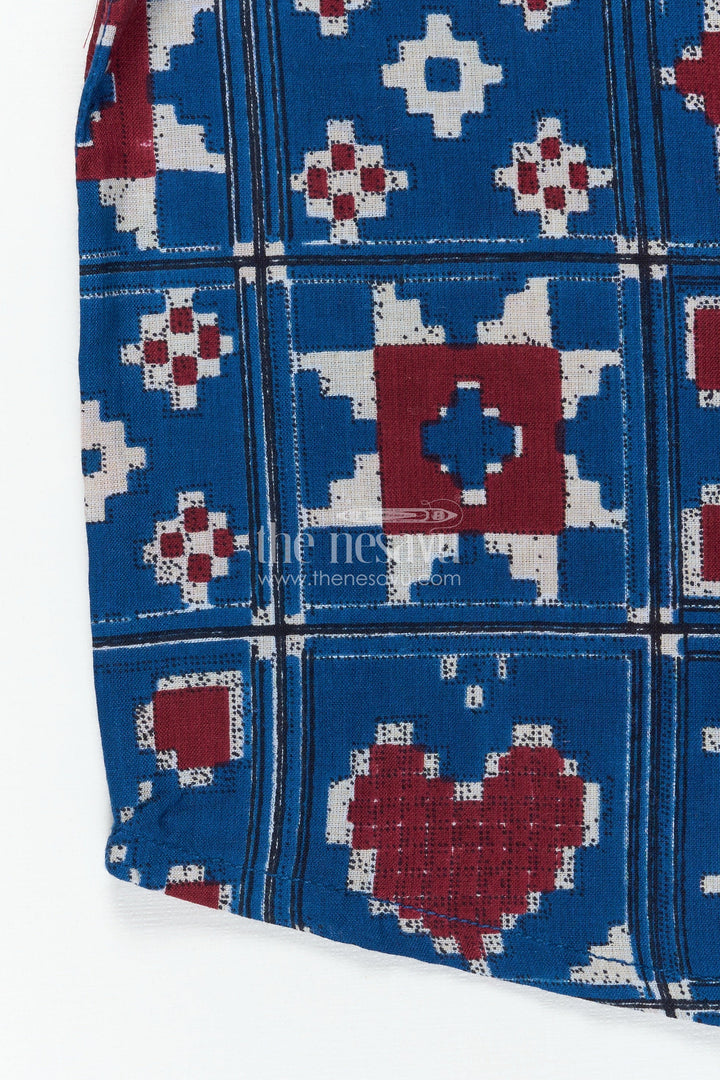 The Nesavu Boys Cotton Shirt Traditional Motif Shirt for Boys in Blue Cotton Ethnic Day Outfit Idea Nesavu Nesavu Boys Ethnic Day Cotton Shirt Blue Traditional Motifs Heritage Inspired Geometric Design