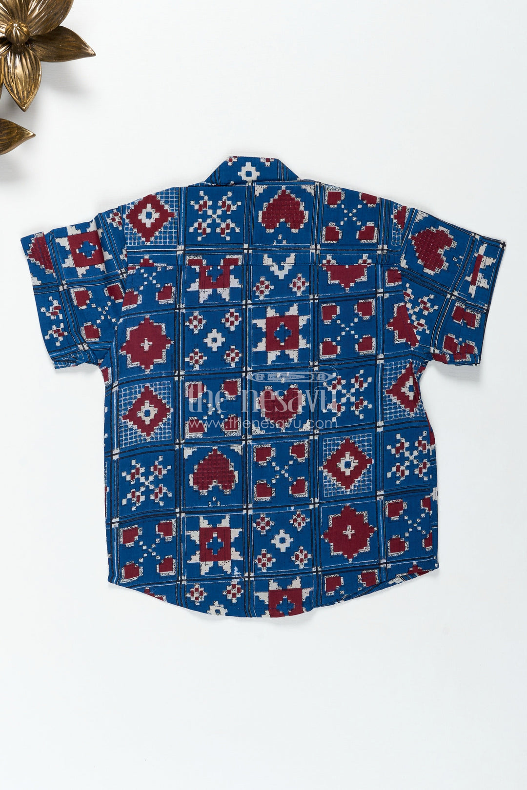 The Nesavu Boys Cotton Shirt Traditional Motif Shirt for Boys in Blue Cotton Ethnic Day Outfit Idea Nesavu Nesavu Boys Ethnic Day Cotton Shirt Blue Traditional Motifs Heritage Inspired Geometric Design