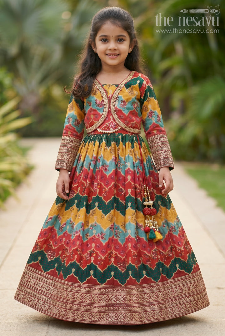 The Nesavu Girls Lehenga Choli Traditional Multicolor Bandhej Lehenga Choli with Embellished Dupatta for Girls Nesavu 24 (5Y) / Multicolor / Modal Chanderi GL399A-24 Girls Multicolor Bandhej Lehenga Choli Set with Tasseled Dupatta | The Nesavu