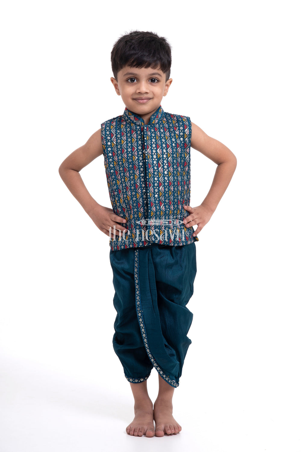 The Nesavu Boys Dothi Set Traditional Otiko Katiko Dhoti Kurta Set for Boys with Designer Embroidered Top Nesavu 10 (NB) / Green BES561A-10 Nesavu Otiko Katiko Dhoti Kurta Set for Boys with Embroidered Top - Festive Wear