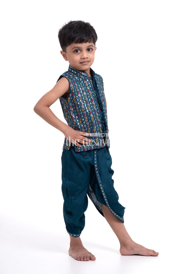 The Nesavu Boys Dothi Set Traditional Otiko Katiko Dhoti Kurta Set for Boys with Designer Embroidered Top Nesavu Nesavu Otiko Katiko Dhoti Kurta Set for Boys with Embroidered Top - Festive Wear