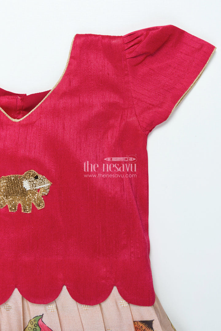 The Nesavu Pattu Pavadai Traditional Pattu Pavadai for Baby Girls for Festive Wear and Gifting Nesavu Nesavu baby girl traditional pattu pavadai lotus motif skirt puff sleeve blouse