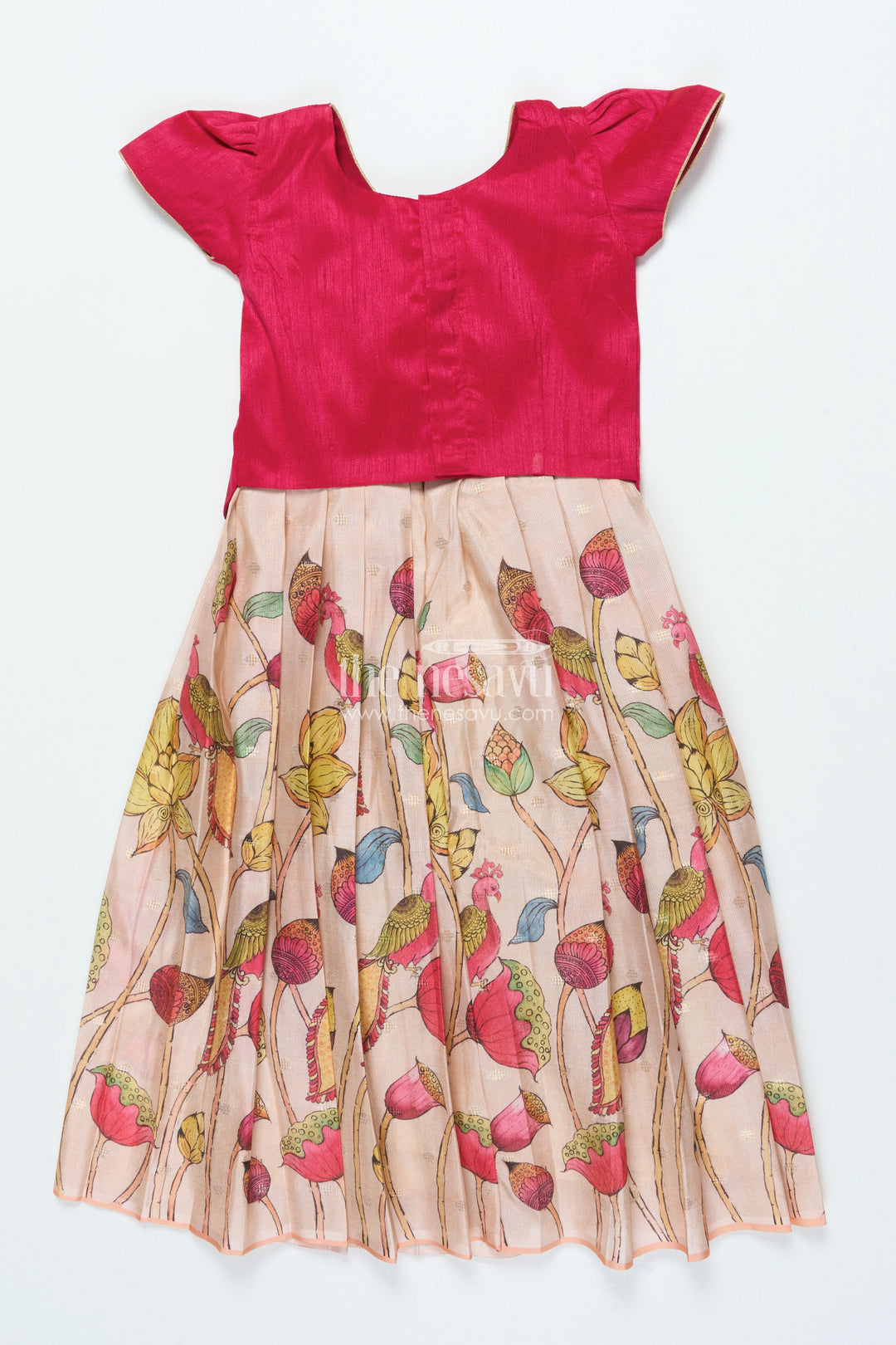 The Nesavu Pattu Pavadai Traditional Pattu Pavadai for Baby Girls for Festive Wear and Gifting Nesavu Nesavu baby girl traditional pattu pavadai lotus motif skirt puff sleeve blouse