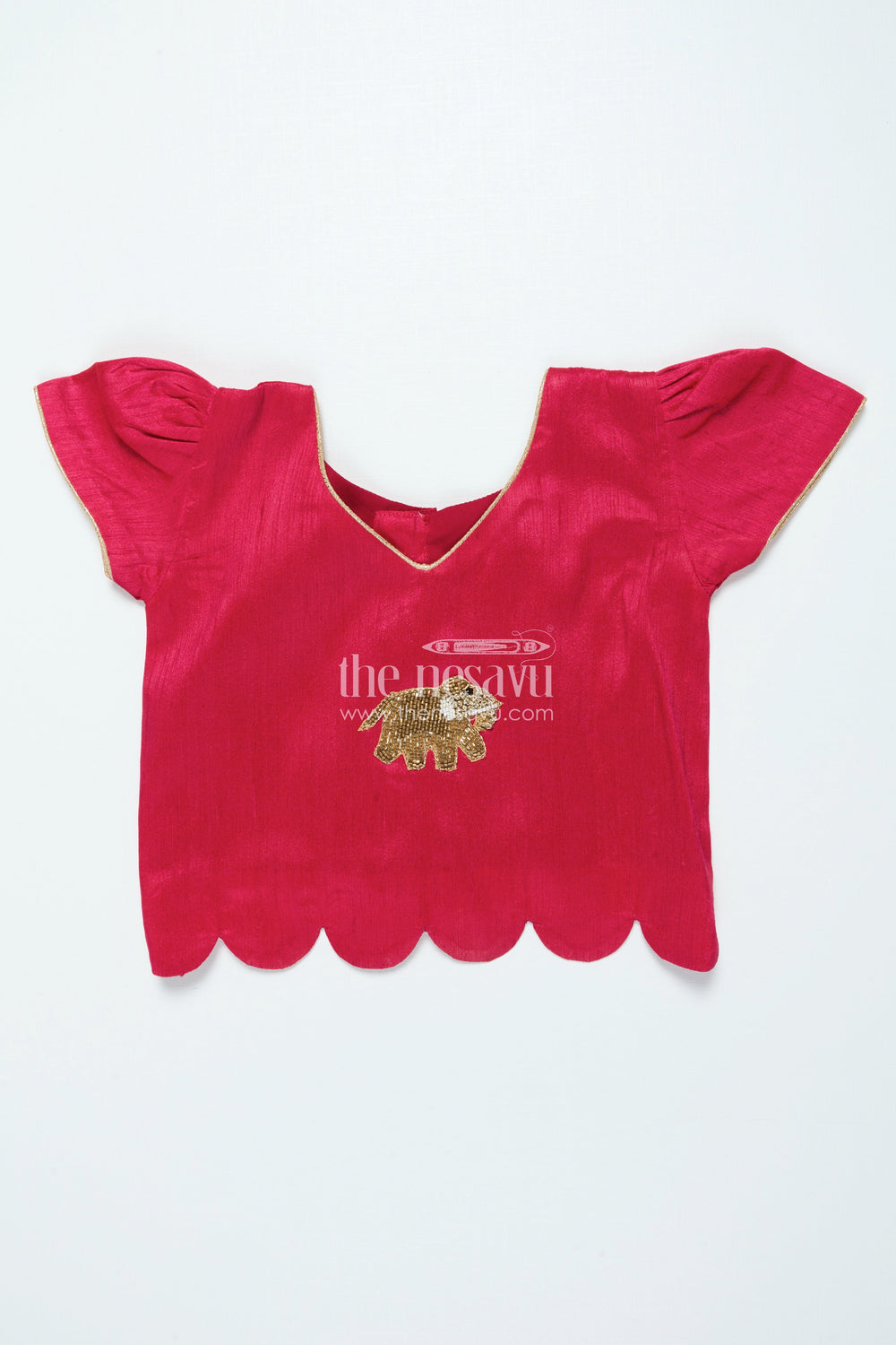 The Nesavu Pattu Pavadai Traditional Pattu Pavadai for Baby Girls for Festive Wear and Gifting Nesavu Nesavu baby girl traditional pattu pavadai lotus motif skirt puff sleeve blouse