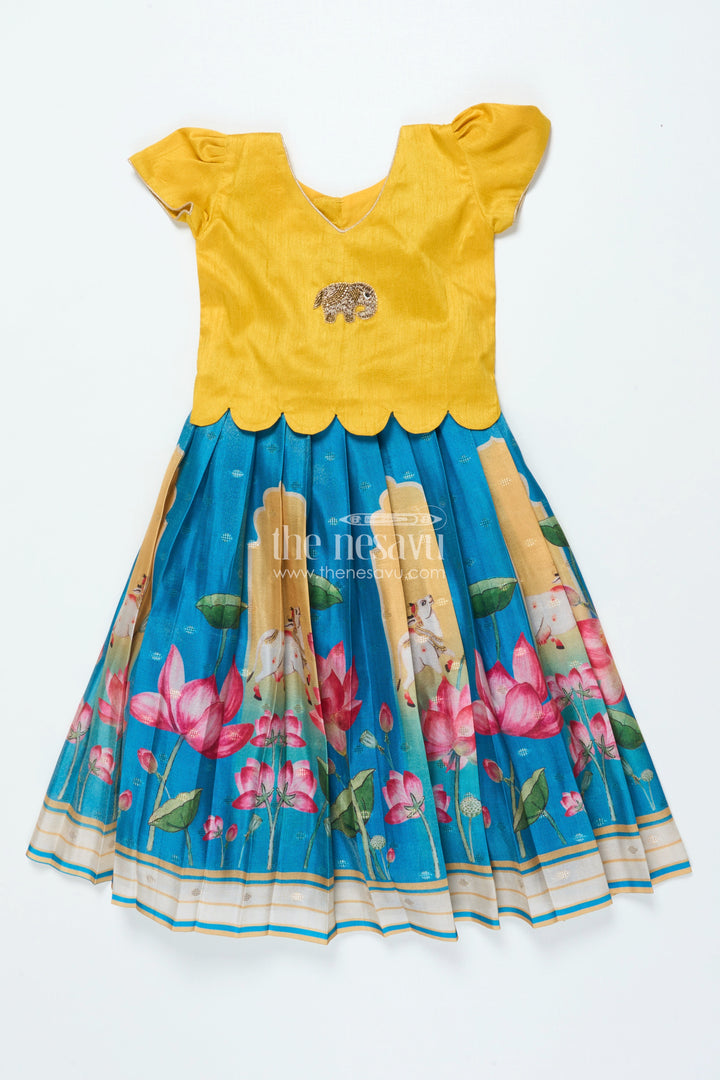 The Nesavu Pattu Pavadai Traditional Pattu Pavadai for Baby Girls for Temple and Cultural Events Nesavu 18 (2Y) / Yellow GPP339A-18 Nesavu baby girl pattu pavadai Krishna print skirt scalloped sleeve blouse festive wear
