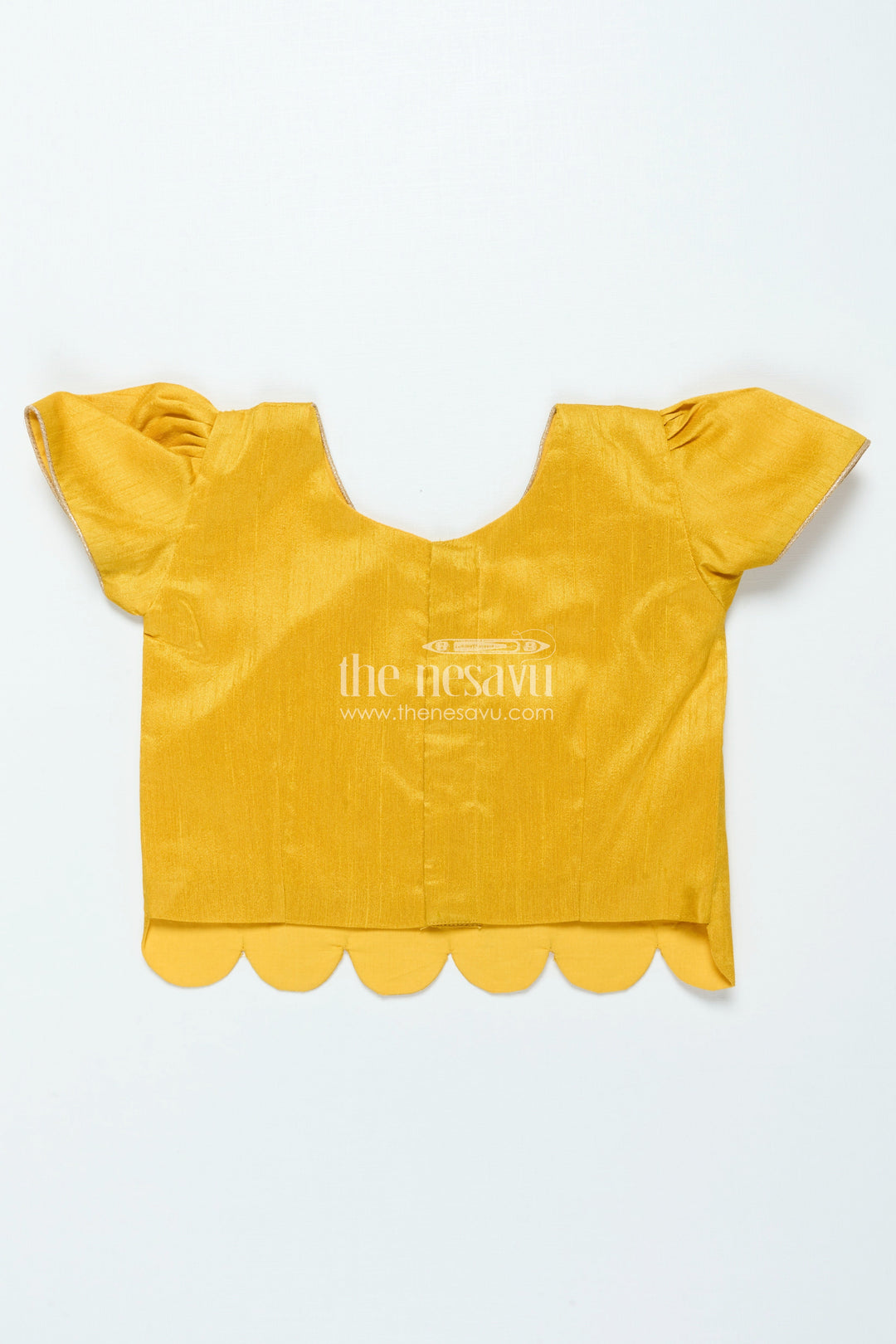 The Nesavu Pattu Pavadai Traditional Pattu Pavadai for Baby Girls for Temple and Cultural Events Nesavu Nesavu baby girl pattu pavadai Krishna print skirt scalloped sleeve blouse festive wear