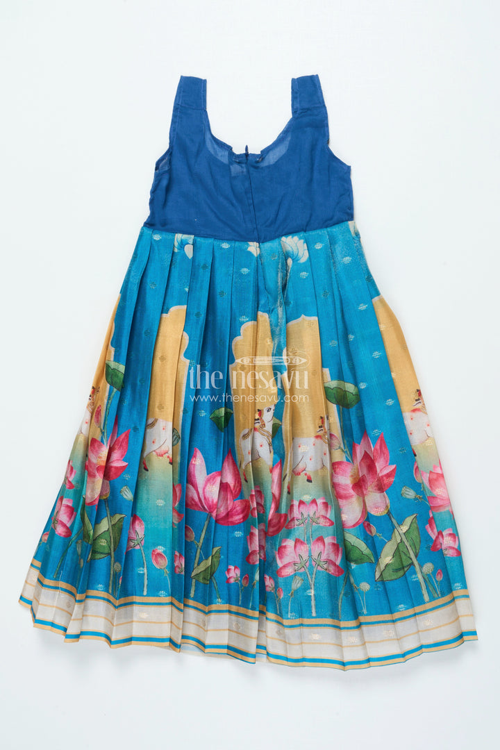 The Nesavu Pattu Pavadai Traditional Pattu Pavadai for Baby Girls for Temple and Cultural Events Nesavu Nesavu baby girl pattu pavadai Krishna print skirt scalloped sleeve blouse festive wear