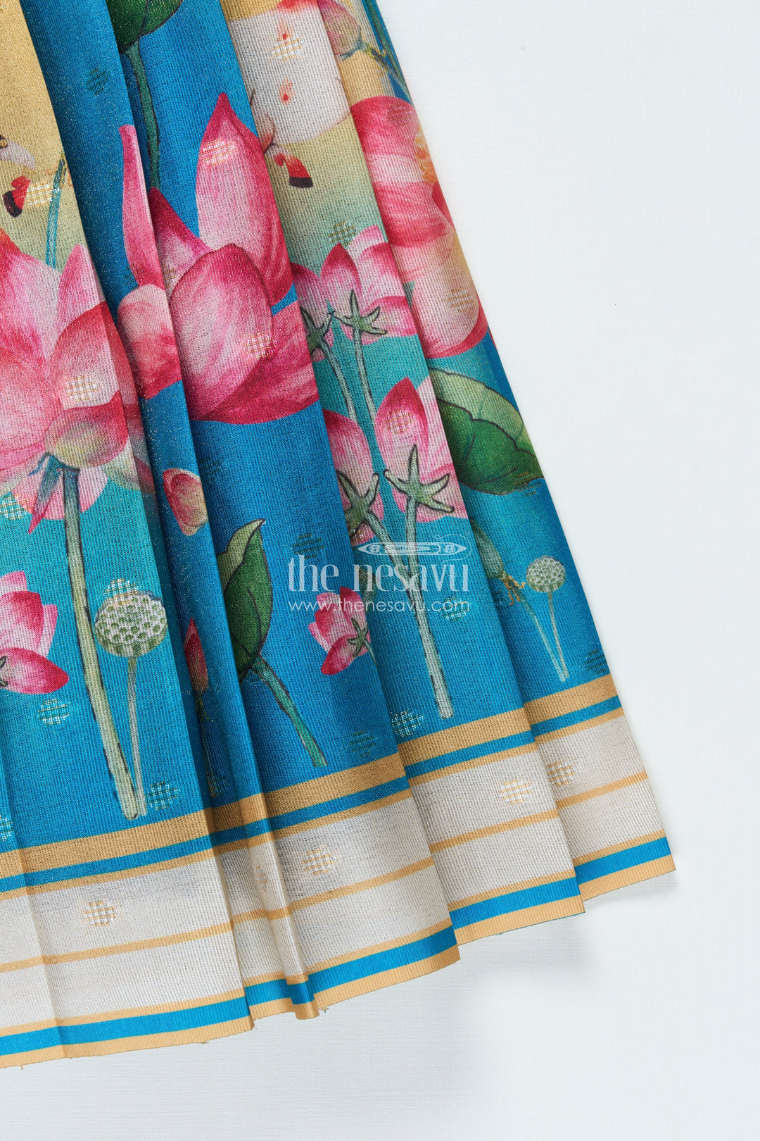 The Nesavu Pattu Pavadai Traditional Pattu Pavadai for Baby Girls for Temple and Cultural Events Nesavu Nesavu baby girl pattu pavadai Krishna print skirt scalloped sleeve blouse festive wear