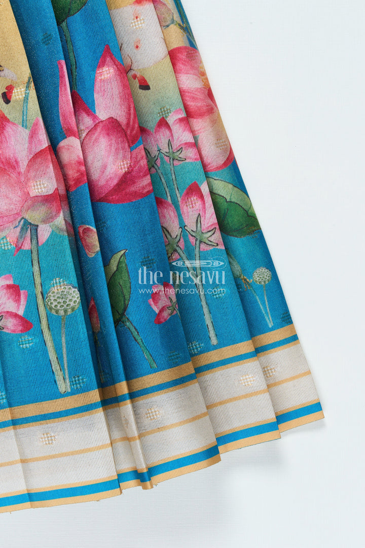 The Nesavu Pattu Pavadai Traditional Pattu Pavadai for Baby Girls for Temple and Cultural Events Nesavu Nesavu baby girl pattu pavadai Krishna print skirt scalloped sleeve blouse festive wear