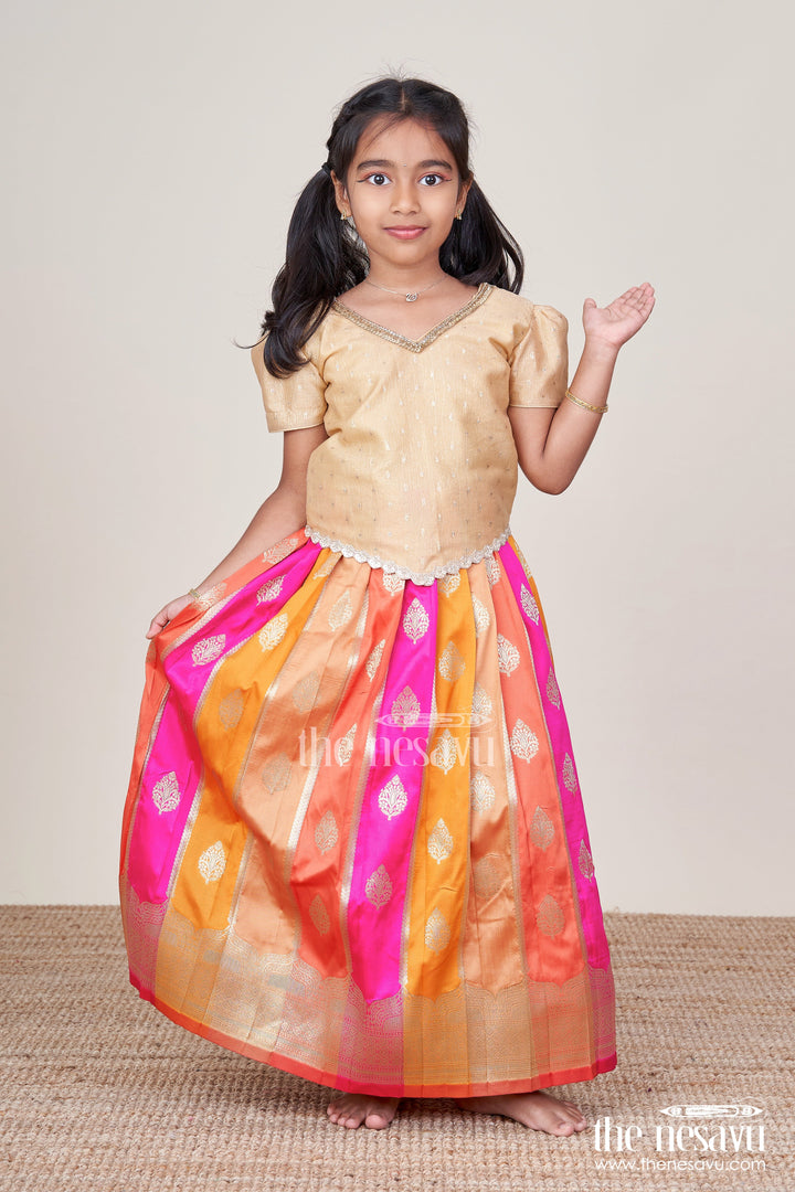 The Nesavu Pattu Pavadai Traditional Pattu Pavadai for Toddler Girls for Festive and Temple Wear Nesavu 16 (1Y) / Gold GPP334A-16 Nesavu traditional pattu pavadai toddler girls semi banaras skirt tissue silk yoke
