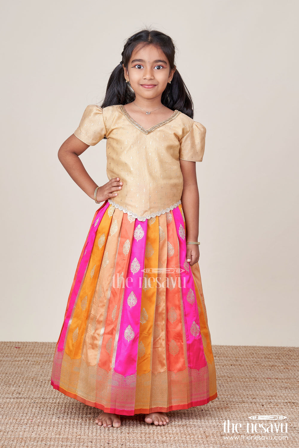 The Nesavu Pattu Pavadai Traditional Pattu Pavadai for Toddler Girls for Festive and Temple Wear Nesavu Nesavu traditional pattu pavadai toddler girls semi banaras skirt tissue silk yoke