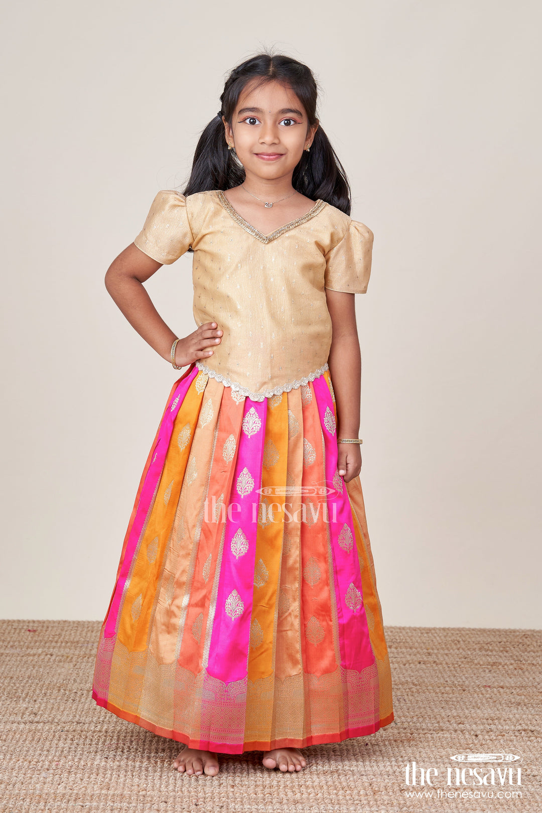The Nesavu Pattu Pavadai Traditional Pattu Pavadai for Toddler Girls for Festive and Temple Wear Nesavu Nesavu traditional pattu pavadai toddler girls semi banaras skirt tissue silk yoke