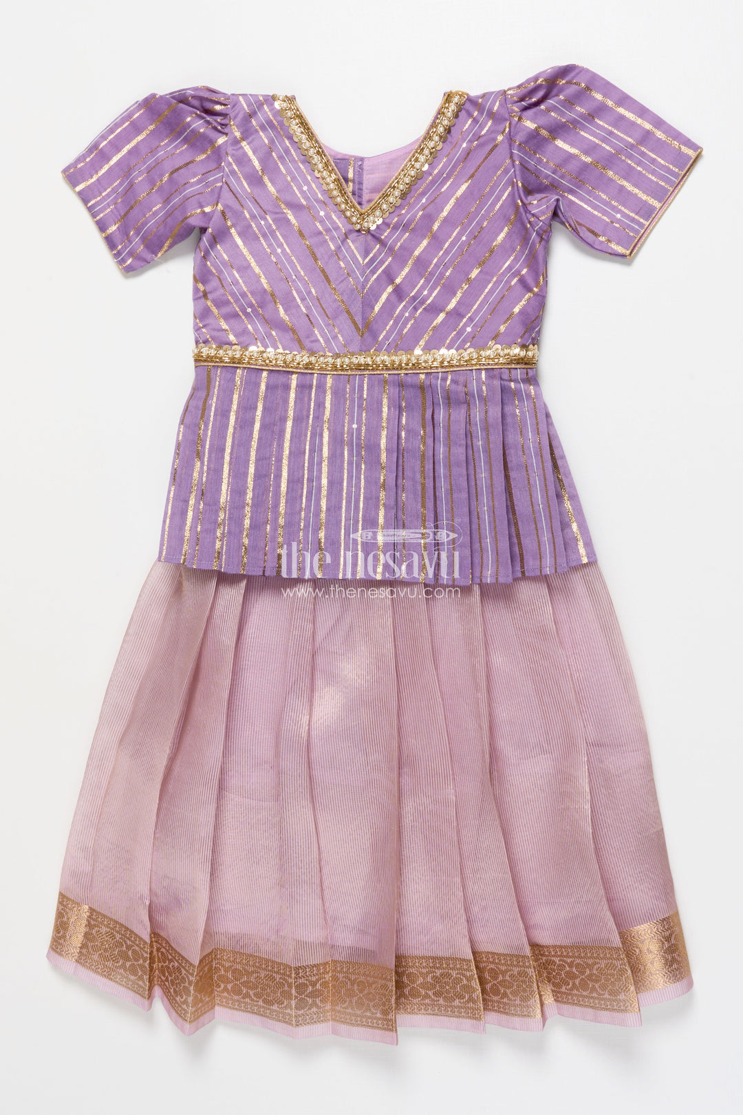 The Nesavu Pattu Pavadai Traditional Pattu Pavadai for Toddler Girls for Poojas and Festive Dressing Nesavu 16 (1Y) / Purple GPP336B-16 Nesavu pattu pavadai toddler girls gold-detailed tissue silk banaras yoke